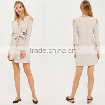 Belted Cold Shoulder Long Sleeve Coat Style Blazer Dress for Women photo-5