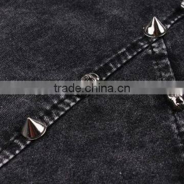 Women's Hollowed-out Short Sleeve Washed Vintage 100% Cotton t Shirt With Rivets photo-3