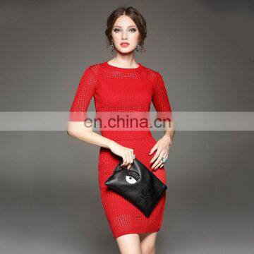 Ladies fashion short sleeve sweater dress red color two pieces china dress