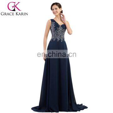 Grace Karin Chiffon One Shoulder Heavy Beaded Long Navy Blue Evening Dress CL4506-2