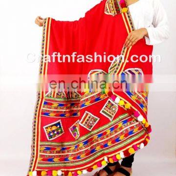 Designer Kutchi Embroidered Pom Pom Dupatta- Latest Designer 2017 Dupatta- Multicolour Kutch Embroidery Dupatta photo-3