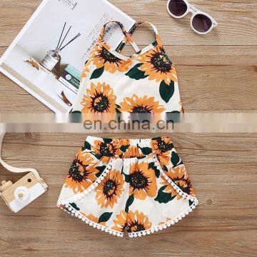 Brilliant sunflower pattern gallus crop Top with pom pom shorts 2pcs Baby Girl summer suit