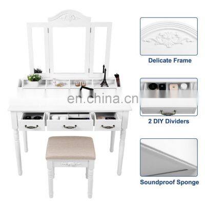 Vanity Table Set, Tri-folding Necklace Hooked Mirror 6 Organizers Makeup Dressing Makeup Desk With Drawers Cushioned Stool photo-3
