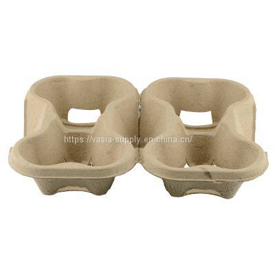 Recyclable Take Out Pulp Drink Tray 2 Cup Paper Molded Pulp Cup Tray  Cup Carrier