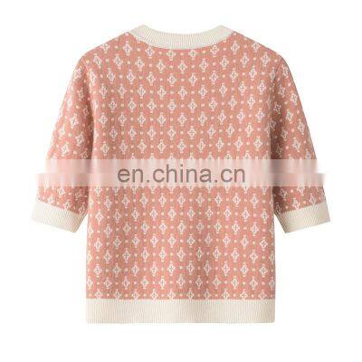 Custom Fashion Jacquard Crew Neck Cashmere Pullover for Women Floral Short Sleeves Knitted Sweater Casual Winter OEM Service
