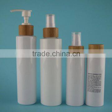 different capacity white PET cosmetic packaging bottle with bamboo dispenser pump