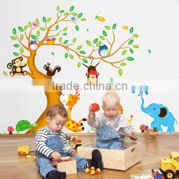 Jungle Zoo Animal Monkey, Elephant Deer and Owls Playing around tree Monkey wall decal owl wall decal