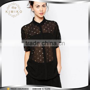 Women Spread Collar Chiffon Transparent Short Sleeve Blouse