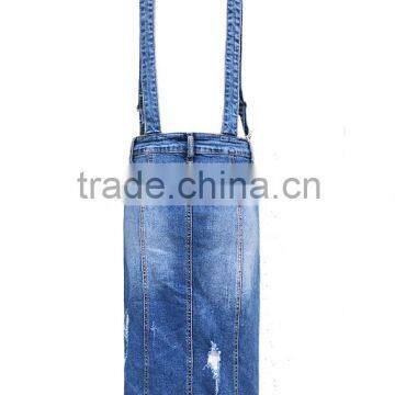 Girls Fashion Women Elastic Straps Skinny Ripped Front Button Denim Jeans Suspender Skirt photo-2