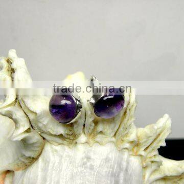 Amethyst Round Bezel Cabochon Stud Earrings, 925 Solid Sterling Silver Earrings, Designer Stud Earrings