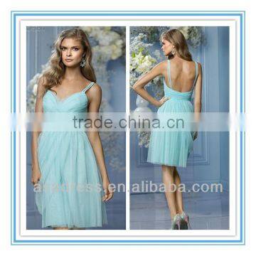 2014 New Style Sweetheart Neckline Double Spaghetti Strap Gathered Waistband Turquoise Blue Bridesmaid Dresses (BDWA-4009)