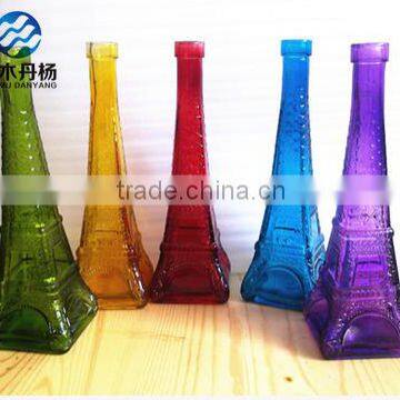 wholesale beautiful design colorful Eiffel tower decorative glass bottle with wood cork