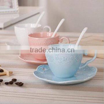 2016 new products emboss porcelain cup and saucer for coffee