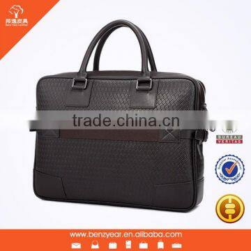 Hot Sell Italian Trendy Men Coffee Weaving Pattern Top Layer Leather 14 inch Laptop Briefcase Shoulder Bag