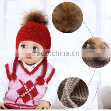 New Product Winter Knitted Wool Beanie Baby Hat with Raccoon Fur Pom poms and Earflaps