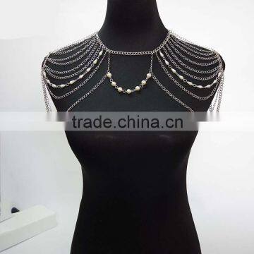 white pearl necklace tassel body chain