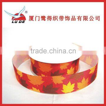 2015 red and yellow leaf printed polyester satin ribbon