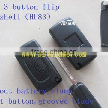 New key Peu 3 button flip key shell(HU83)without battery clamp, light button,grooved blade