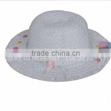Bowknot lace decorated round straw hats for children summer sunshade