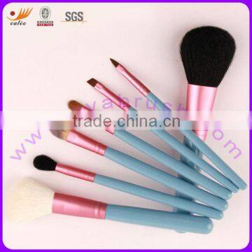 7pcs Natural Hair Fresh Blue Wood Handle Makeup Traveling Brush Set