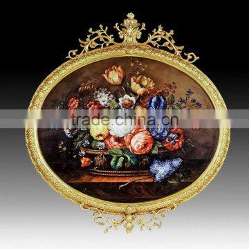 Antique Copper Frame Hand Painted Ceramic Floral Wall Hanging Mural photo-3