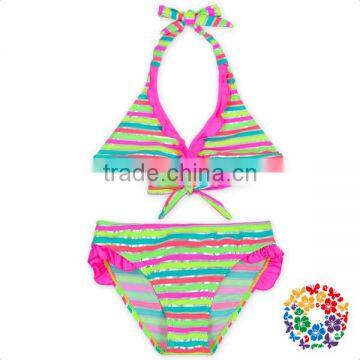 Women Blue Stripe Halter Swimsuit Beachwear Custom Bikini Swimwear photo-2