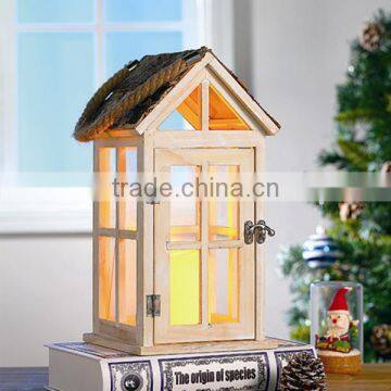 13" House Shaped Wooden Candle Lantern With Hemp Rope Handle