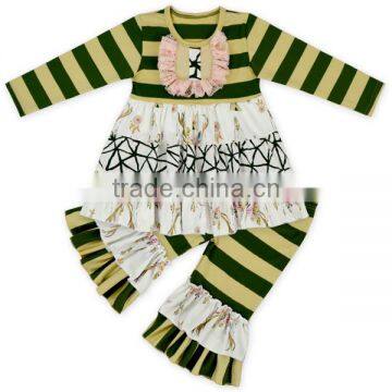 Wholesale Cheap Children Ruffle Outfits Cotton Wide Blackish Green Stripe Girl Clothing Newborn Baby Winter Clothes