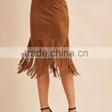 Latest Long Skirt Design Suede Fringe Trim Bodycon Skirt Ladies Designer Suits Skirt photo-2