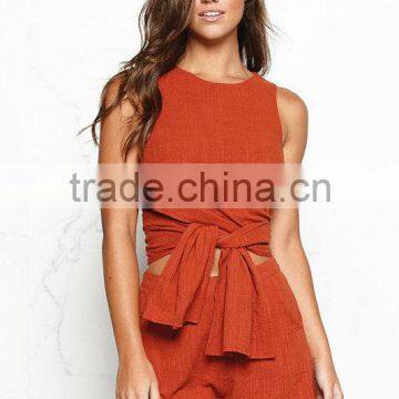 Cotton & Linen Fashionable High Low Crop Tops And Shorts Women Two Piece Sets photo-4