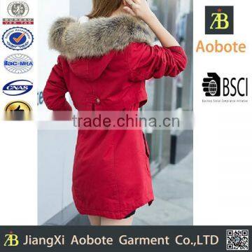 2015 New Fashion Long Waist Collect 100% Polyester Women Padded Jacket With Hoody