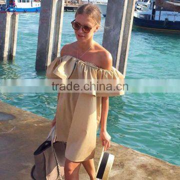 Ladies fashion half shoulder-off dresses lady's short butterfly sleeve dress for wholesale 2017