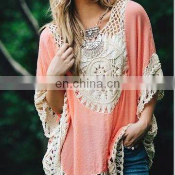 Big Flower Engrave Empty Hook Blouse Blouse Stitching Female Bohemia Beach