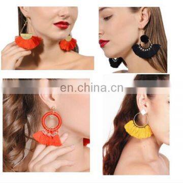 Fashion Women Vintage Geometric Fan - shaped Cotton Tassel Dangle Ear Stud Earrings