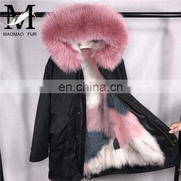 Factory Direct Selling Fox Fur Lining Hot Pink Fur Parka / Raccoon Fur Collar Black Cotton Parkas