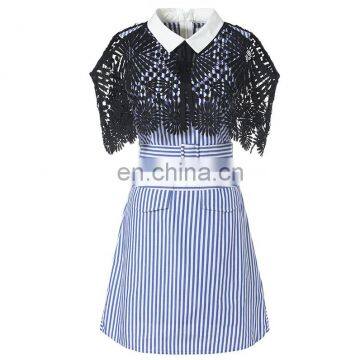 2017 Summer Stripe Dress Office Formal Collar Neck Blue White Stripe Cape Sleeve Lace Twill Patch Work Midi Dress Instock photo-4