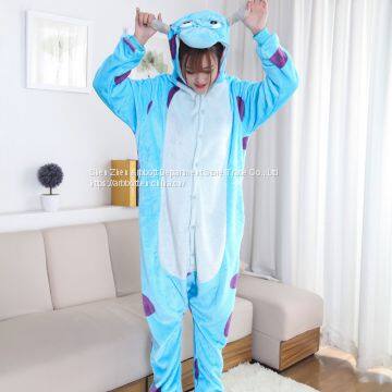 Blue Cow Cartoon Flannel Conjoined Polyester Pajamas