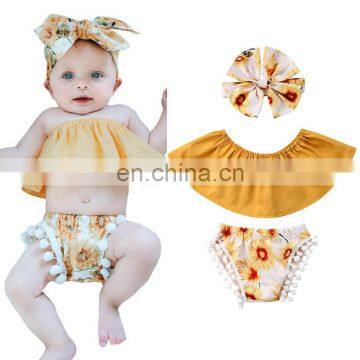 New Arrival Baby Children Clothes Sets Sleeveless Bandeau Sling Top + Sunflower Print Shorts + Hair Strap Set photo-2