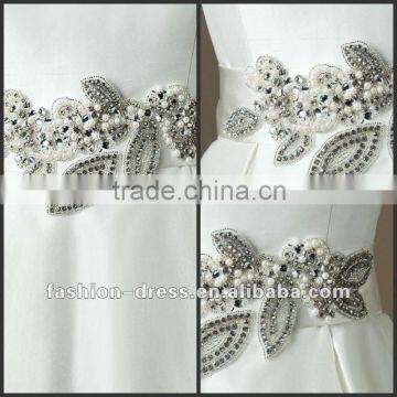 Silk Dupion bias self tie belt withflower and leaf motif in pearl and crystals wedding dress accessories