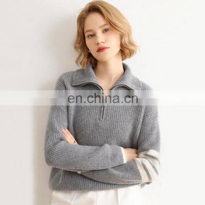 Women Casual Ribbed Knit Zipper Lapel Thick Polo Cashmere Sweater