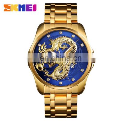 SKMEI 9193 Charm Dragon Men's Luxury Watches Stainless Steel Japan Quartz Calendar Men Dress Wrist Watch