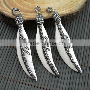 LFD-0017P ~ New Druzy OX Bone Carved Leaf Feather Shape Pave Rhinestone Charms Pendants For Necklace Jewelry Finding