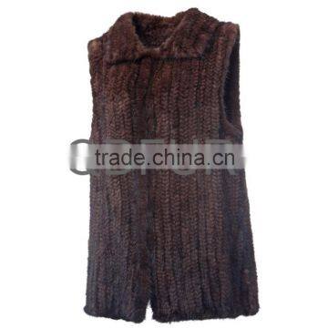 QD80557 Black Brown Knit Mink Fur Long Vest Gilet With Bigger Armhole