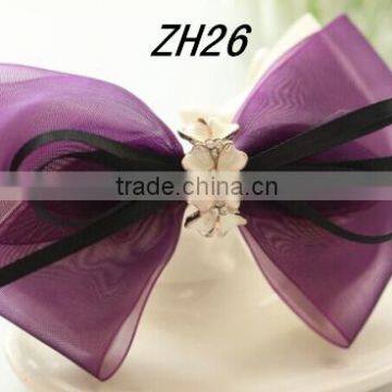 Purple Chiffon Ribbon Hair Bow Flowers With Rhinestone For Adults