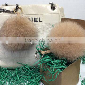 Beige Tan Fox Fur Pom Pom Ball Bobble Keychain Key Ring Bag Pendant with Strap and Metal Buckle-