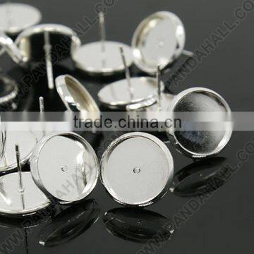 Bright Silver Brass Post Earstud Settings, Cadmium Free and Lead Free, 14x14x2mm, Tray: 12mm, Pin: 1mm(KK-E589-14mm-S-RS)