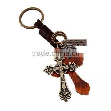 new fashion genuine leather cross keyring keychain