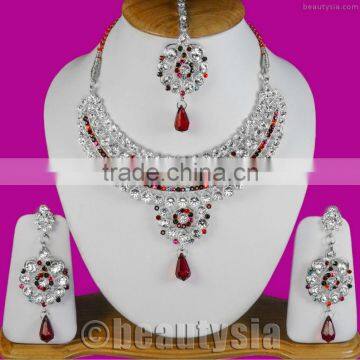 Bollywood Style Indian Fashion Jewelry Kundan Zircon CZ Silver Tone Necklace Set S165 Multi