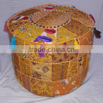 Patchwork Pouf Cover Bohemian Pouffe Cover Ottoman Indian Handmade Pouf Ottoman Hand Embroidered Round Stool Vintage Ethnic