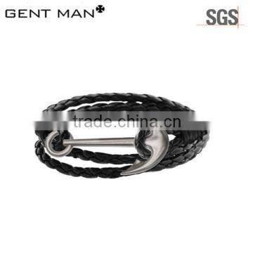 Coolman 2016 New Arrivals Black Leather with Hook and Anchor Bracelet for Young Men